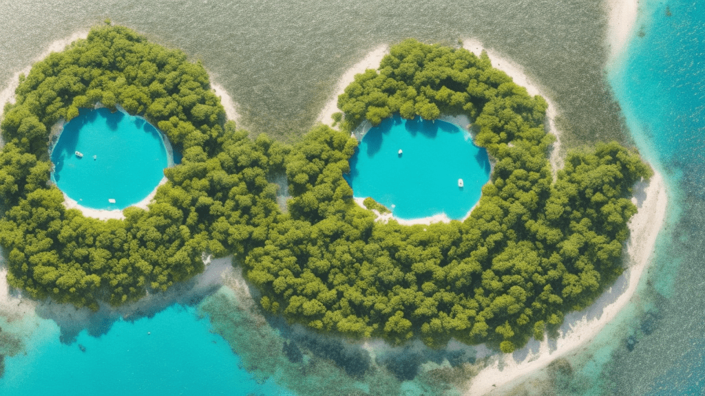 Bird's eye view of a simple, circular island. You can see the entire island. Positive, happy, sunny