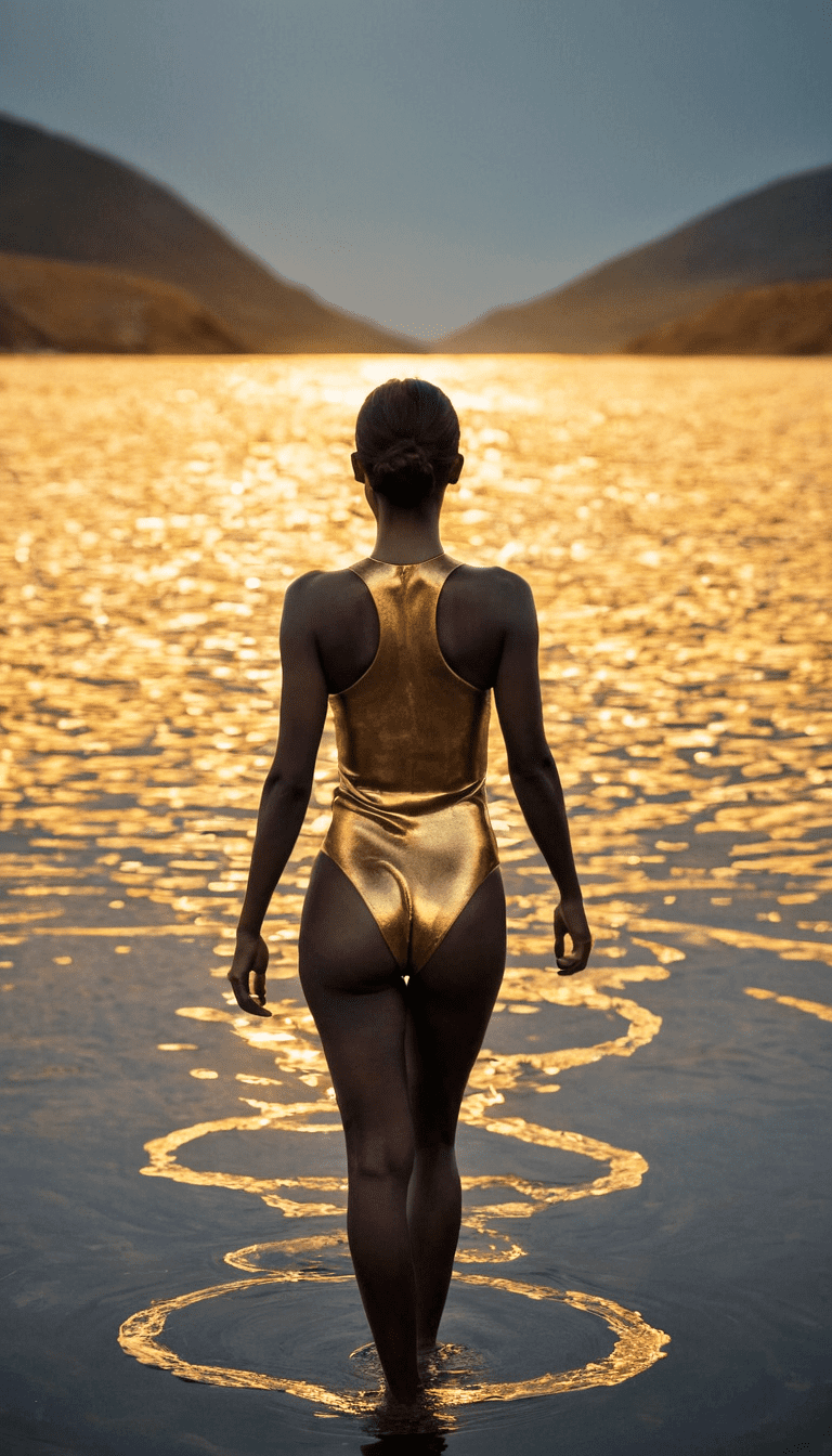 A fashion editorial, fashion photography, back view of shorthaired black woman in gold swimsuit standing in lake water, highres, realistic photo, professional photography, cinematic angle, dynamic light back shining,