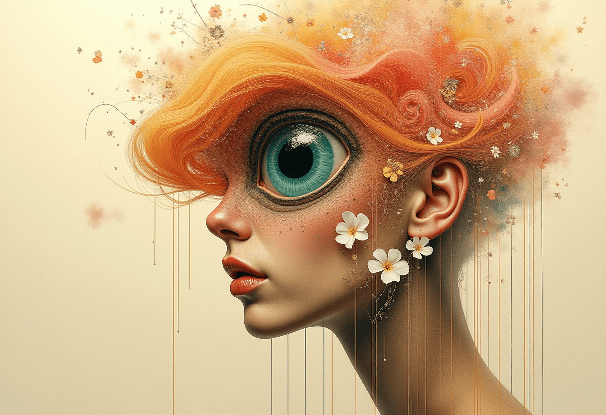 Fantasy art stylized by dan dos santos and dan mumford and yumihiko amano, illustration art, 3d blender render, beige abstract realism painting, multilayered composition, forming an abstract silhouette or portrait with one ultra realistic eye, mixed media, salted water color, guache, gold applications, colored chalk powder, material textures. In the style of art nouveau (kandinski:0. 2) and max ernst, (light yellow and dark red:0. 4) , additional textures in the different colors displaying centers of interest, circular shapes, abstract, exaggerated layers and complex compositions, neo-cubism, stylized, intricate, bezier curves, golden ratio, ultra highly detailed, stickman, thick layers of paint