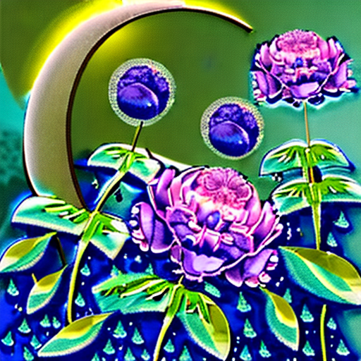 A magical, hyperrealistic garden glowing under the soft light of a crescent moon. The garden is filled with enormous blue and purple peonies, their petals shimmering as if dusted with a fine layer of starlight. Dewdrops cling delicately to each petal, refracting light into tiny rainbows. The flowers are surrounded by lush green foliage, with faintly glowing fireflies darting between them. A crystal-clear pond at the center reflects the moonlight and the surrounding blossoms, creating a serene, dreamlike atmosphere. In the distance, a small stone path leads to an intricately carved gazebo adorned with vines, its arches softly illuminated by hanging lanterns. The air feels alive with magic, and every detail, from the texture of the petals to the ripples in the pond, is captured with stunning realism.