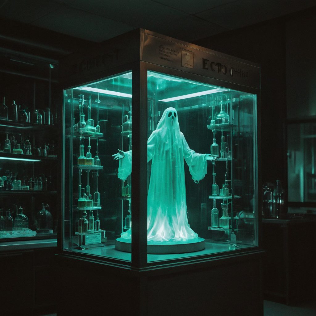 A display case for a glowing ectoplasmic ghost in a laboratory environment, cinematic, dramatic ambient light, detailed, color, intricate, extremely beautiful, epic composition, highly detail, clear, symmetry, sharp focus, inspired, pristine, unique, cute, innocent, novel, creative, positive, artistic, pure, hopeful, attractive, very coherent, loving, fine
