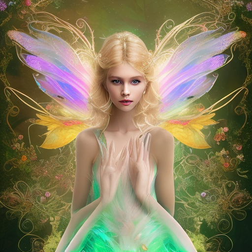 Design a charming, fairy with glowing, translucent wings, wearing a vibrant green petal-inspired dress. She has a delicate frame, golden-blonde hair styled in a neat bun, and an expression full of playful energy. She hovers gracefully in a mystical forest, surrounded by shimmering light particles and vibrant flowers, radiating a magical, whimsical aura.