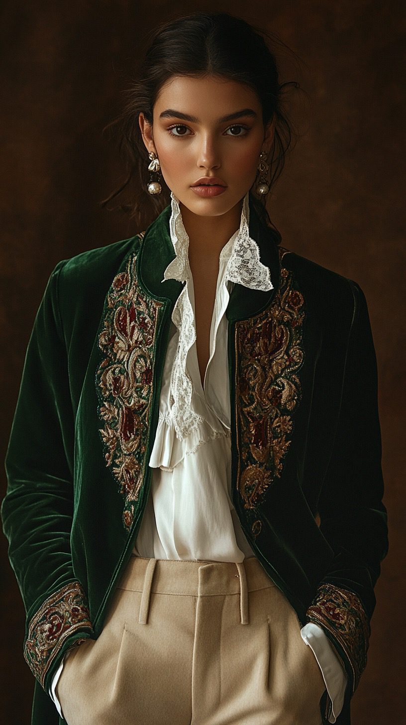 Fashion cover, front view, upper-body, a woman model, dark brown background , a green velvet coat with persian carpet patterns around the cuffs and collar, a white blouse, and beige trousers