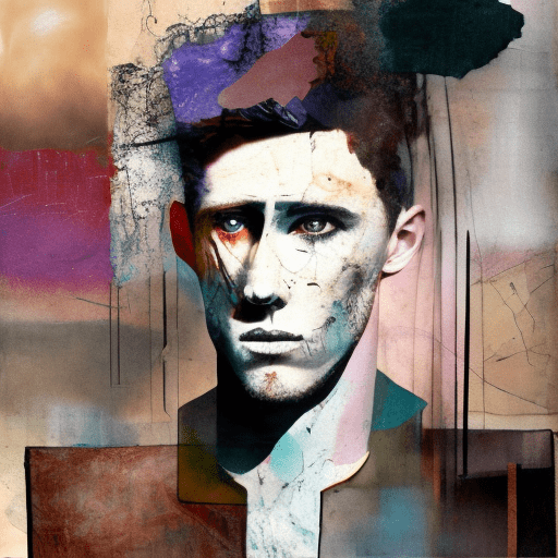 Mixed media artwork + emotional guy + outcast + in the style of surrealist expressionism, muted color scheme, dreamlike atmosphere, abstract and distorted forms --ar 2:3 --s 999 --v 6