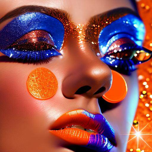 Close up portrait of woman with orange sunglasses and blue lipstick on her lips, glitter on her face, sun rays, glowy skin, hyper realistic photography --v 6. 0 --ar 59:99 variation 3
