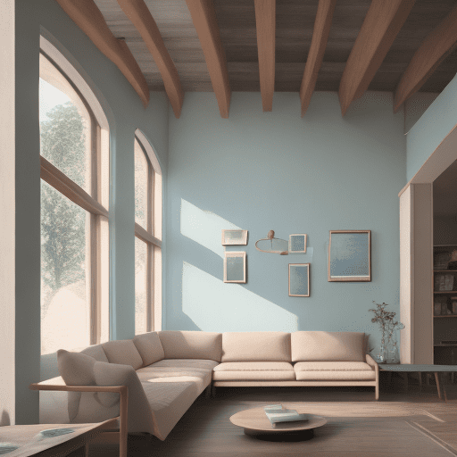 High resolution photography interior design, dreamy sunken living room conversation pit, wooden floor, small windows opening onto the garden, bauhaus furniture and decoration, high ceiling, beige blue salmon pastel palette, interior design magazine, cozy atmosphere; 8k, intricate detail, photorealistic, realistic light, wide angle, kinkfolk photography, a+d architecture mesto v budúcnosti