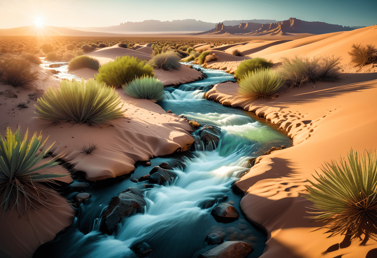 Cosplay photograph, lush nature and cityscape, tattoo style, (magical wild water stream flowing through a desert style of filip hodas, fantastic lighting, masterpiece, high quality:1. 3) , elegant, sunny