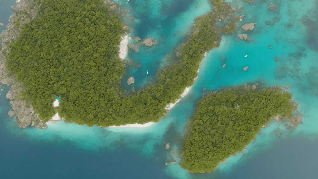 Bird's eye view of a simple island. Most of the image is of the surrounding water. You can see the entire island. Positive, happy, sunny