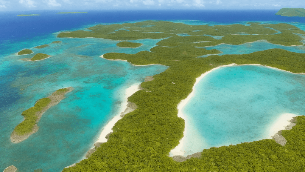 Bird's eye view high up looking down of a simple island. You can see the entire circular island. The mainland is in the background. Positive, happy, sunny