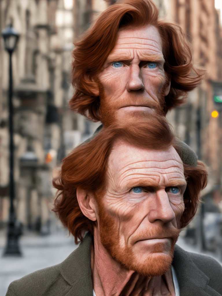 Hyper realistic eye level photo of a man, older, reddish brown hair mid-length center part, strong chin, soft smile, broken nose, hazel green eyes, outdoors, city street, slim build, lean muscle, toned, tall, roguish, rakishly handsome