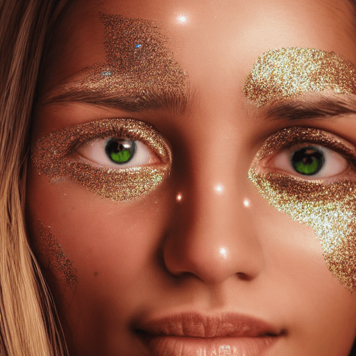 Close up portrait of woman looking towards the bright sun, glitter on her face, sun rays, glowy skin, hyper realistic photography