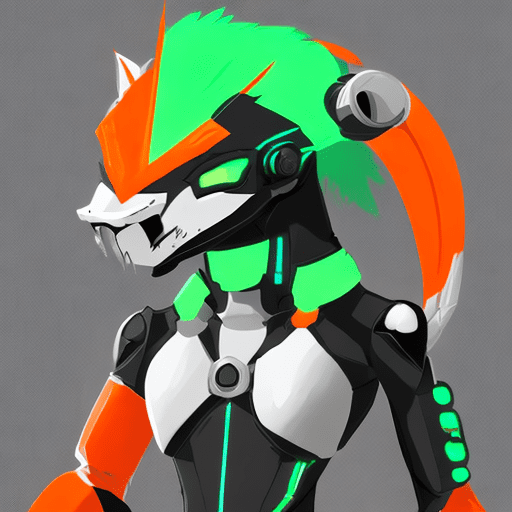 Create an image of a protogen character fursona. The protogen has a technologically advanced machine casing mixed with soft, artificial fur. Its color pallet should be an ombre of bright greens, a little bit of light orange and red, with the main fur color being black, arranged in a cool, sleek design. The character possesses mechanical limbs and an led display visor for a face instead of the normal animal face showing expressive symbols.