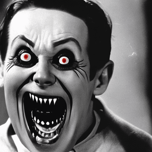 The personified face of evil and horror; the panic inducing eyes take main stage; one can't be sure if it is laughing cruelly or screaming in rage; the viewer is left inevitably disturbed by it.