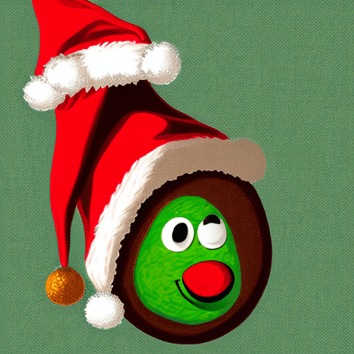 A whimsical, high-resolution digital illustration showcases a cartoon avocado donning a festive santa claus hat. The avocado's bright green skin contrasts with its brown pit, while a cheerful smiley face adorns its surface. The iconic red hat is embellished with white fluffy trim, a small white pom-pom, and holly leaves, adding to the holiday spirit. Wrapping around the hat, colorful christmas lights create a warm and lively atmosphere. The entire illustration is set against a solid black background, emphasizing the vibrant colors and unique design.