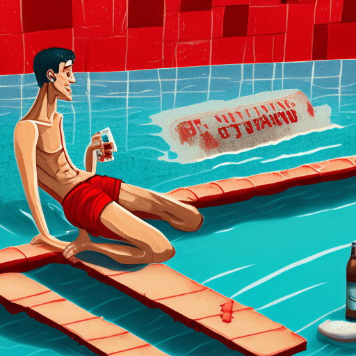 Absurdly humorous illustration: a skinny, shirtless young man dressed in torn red swimming trunks, holding a beer bottle in one hand. He's perched atop a huge, dilapidated swimming pool diving board. He's about to take the plunge, headfirst, into this waterless bathtub full of dirt and cracked tiles. A few old, decaying buoys await him below, meant to cushion a fatal fall. Friends of his look down on him and cheer him on before the fatal somersault.