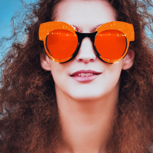 Close up portrait of woman with orange sunglasses, glitter on her face, sun rays, glowy skin, hyper realistic photography