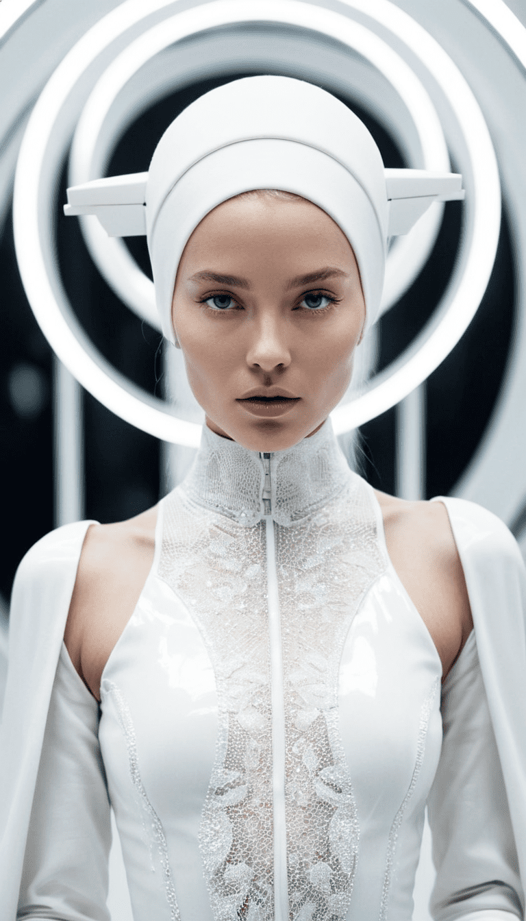 A close up mystical woman in a white lace and leather outfit in a futuristic setting in a surreal environment, highres, realistic photo, professional photography, cinematic angle, dynamic light back shining,