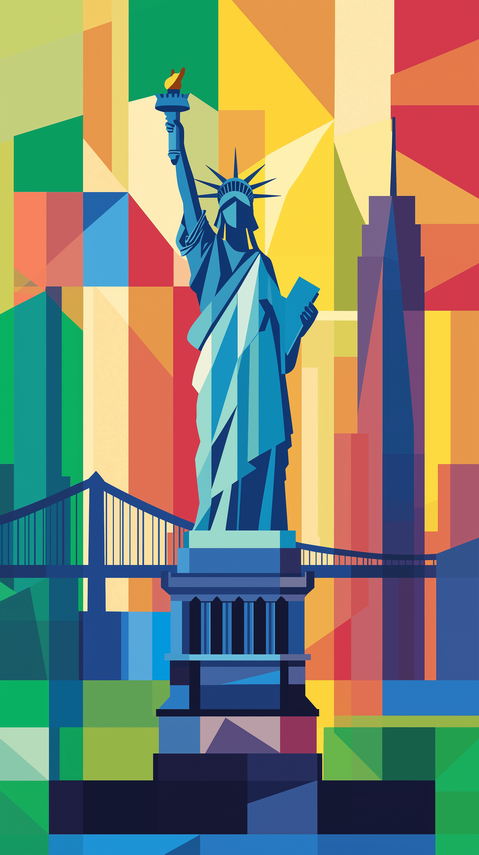 Minimalist illustration of new york city, featuring the iconic statue of liberty standing tall in the center, with the brooklyn bridge spanning across the background, and the silhouettes of skyscrapers on either side, the composition is simplified using only three colors: blue, green and red, statue of liberty is represented by clean, geometric lines in blue, the brooklyn bridge by smooth, flowing curves in green, and the skyscraper silhouettes are implied by rectangular blocks in red --ar 9:16 --quality 2 --style raw --personalize ue2yzjl --stylize 50 --v 6. 1