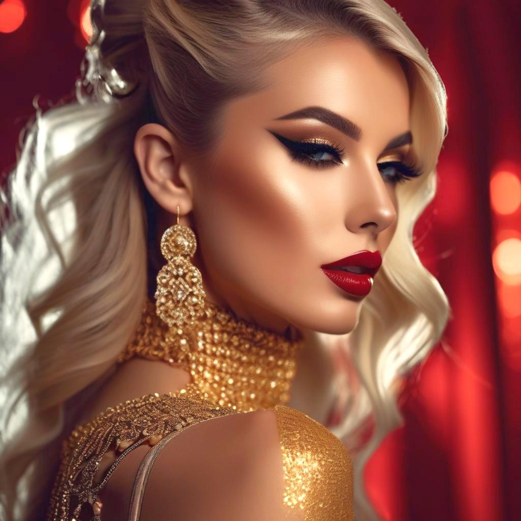The image is a close-up portrait of a young woman with long blonde hair pulled back into a high ponytail. The overall mood of the image is glamorous and glamourous. She is wearing a gold statement necklace and earrings. Her makeup is dramatic with bright red lipstick and dramatic eye makeup. The background is blurred, but appears to be a red curtain with red lights. The woman is looking away with a serious expression.