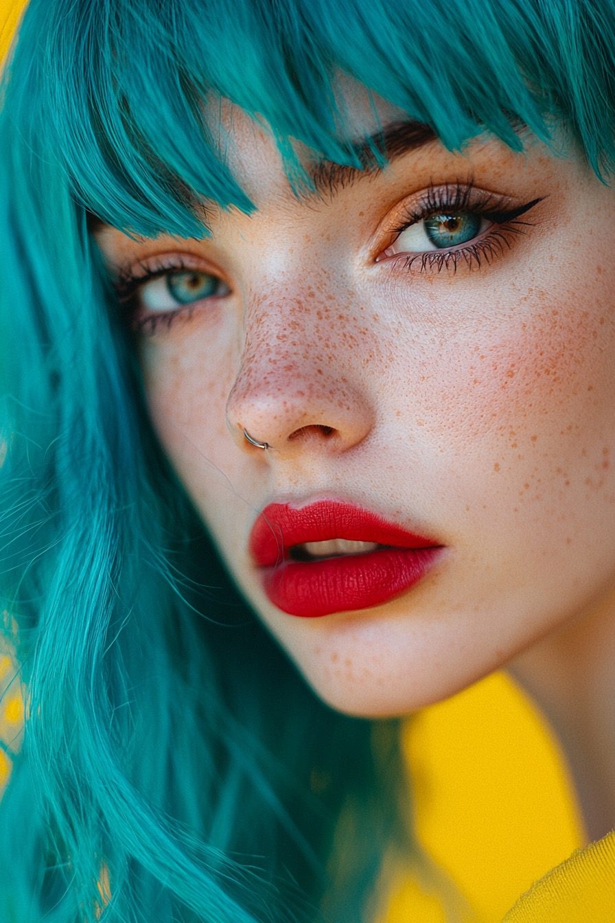 A close-up portrait of a woman with vibrant blue hair