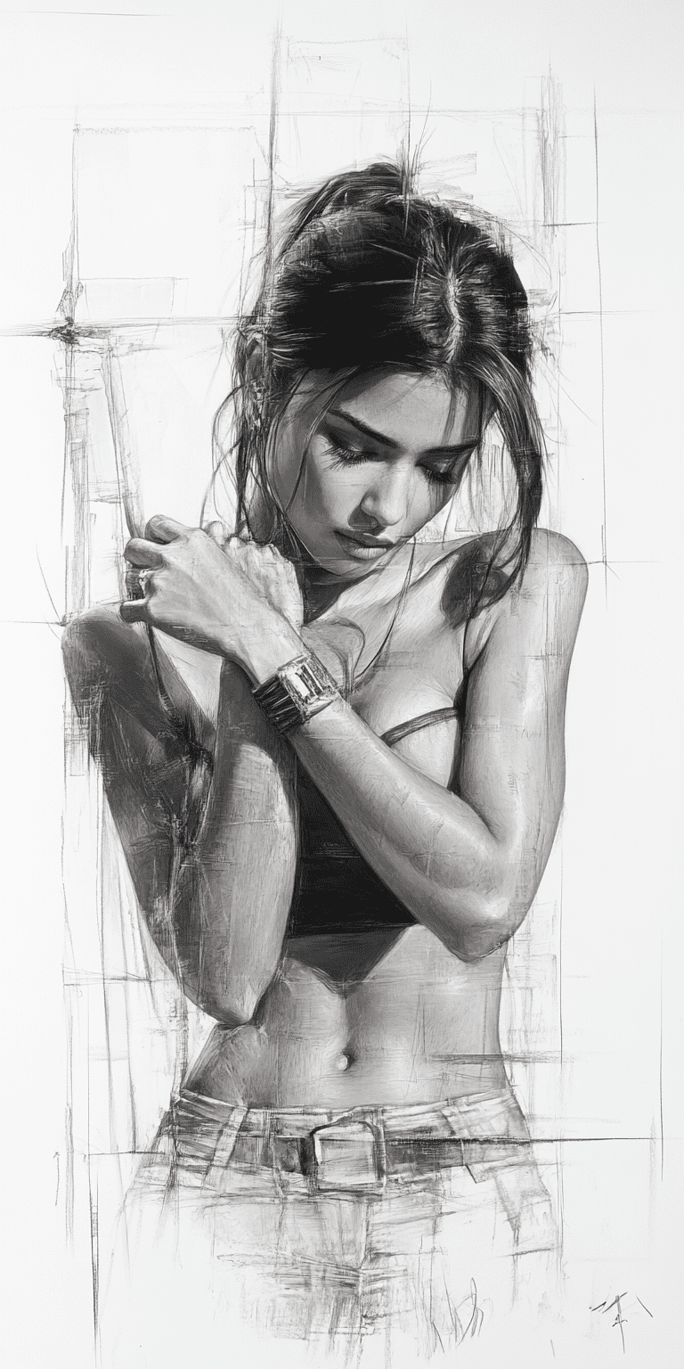 Rough charcoal sketch on old paper, beautiful female figure, seductive pose, clean line art --chaos 45 --ar 1:2 --personalize yruxpc2 --stylize 750 --v 6. 1