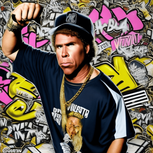 Will ferrell as an urban gangsta rapper wearing a gold chain necklace, crouching in a gangsta pose in the style of eazy-e, graffiti in the background, photorealism --ar 2:3 --v 5