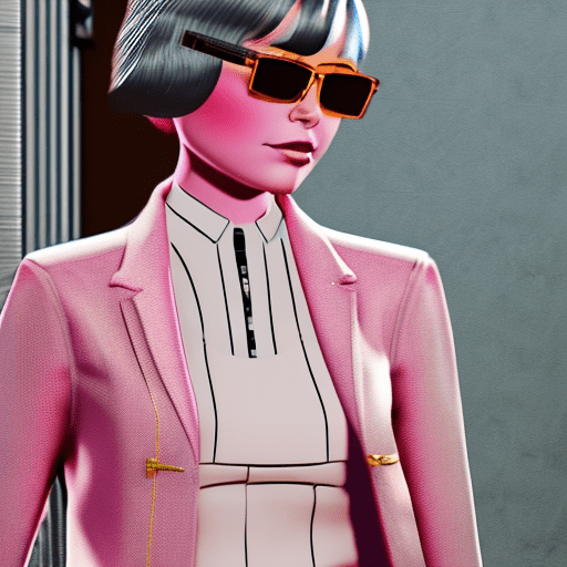 A girl with dark pink, ultra-short hair in a sharp, edgy cut. She wears a tailored three-piece outfit with a pent coat and holds glasses in one hand. Her facial expression is confident and calm, with realistic details like smooth skin texture and natural lighting on her face. Captured in ultra-high-definition, the scene highlights her hair, outfit, and the contours of her face. Soft natural light emphasizes her lifelike appearance, while the blurred background showcases her modern, fierce style.