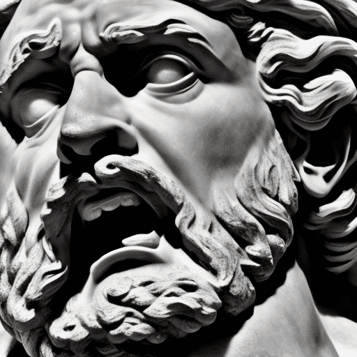 Ancient greek odysseus statue bust, close up, no background, black and white, furious scream
