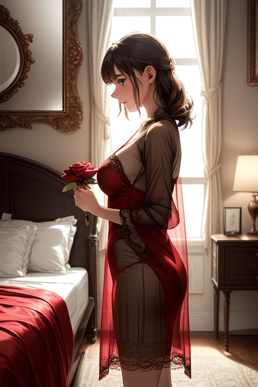 Create an elegant boudoir scene featuring a red-haired woman dressed in a sheer red lace robe. She holds a long-stemmed red rose near her face while standing in front of a large oval mirror. The room has a luxurious aesthetic with cream and gold tones, vintage-style furniture, and soft ambient lighting. Capture the delicate details of the lace fabric, the reflective quality of the mirror, and the romantic mood of the scene. Ensure the background includes a bedside table with decorative items, enhancing the intimate atmosphere