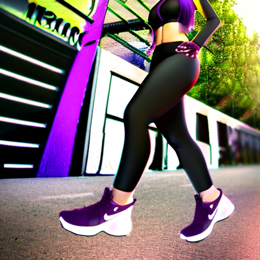(8k,ultra hd,high resolution,extreme detail,octane,render,best quality,masterpiece,dynamic angle, highest detailed:1. 2) , young female, beautiful eyes, (long iridiscent purple hair,smiling:1. 2) , black hoodie, black leggings, sport sneakers, (nike logo,abstract background:1. 2) , fashion pose