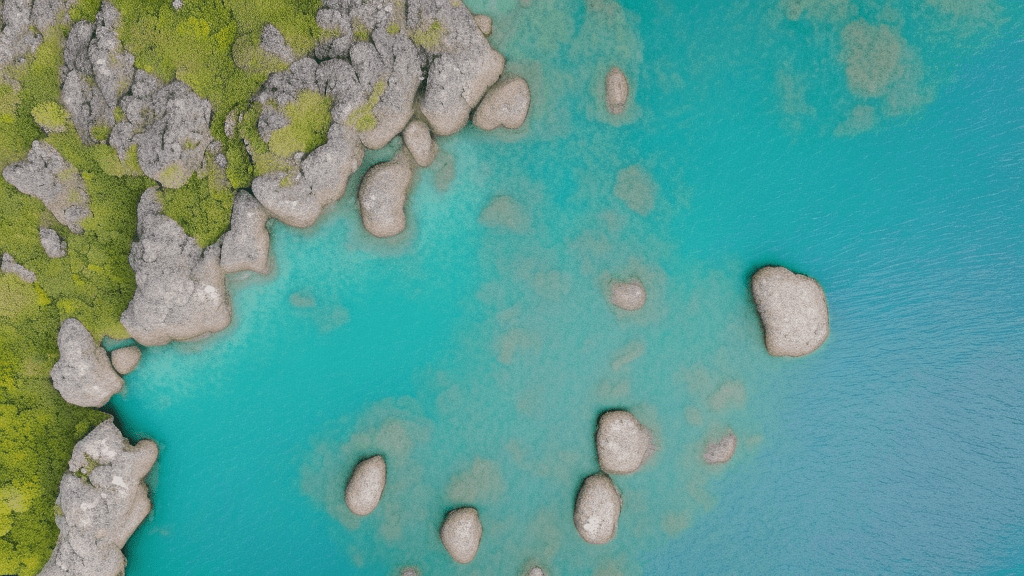 Bird's eye view high up looking down of a simple island. You can see the mainland in the background. Positive, happy, sunny