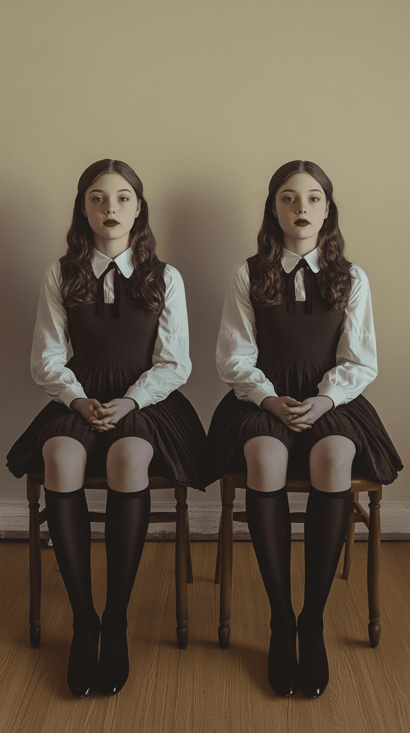 A symmetrical photograph of four identical young women sitting in chairs, wearing the same uniform and skirt with black stockings. The background is plain beige, creating an atmosphere reminiscent of the cinematic style of david lynch. The photograph was captured from a frontal perspective using natural lighting from a canon hasselblad camera. --ar 9:16