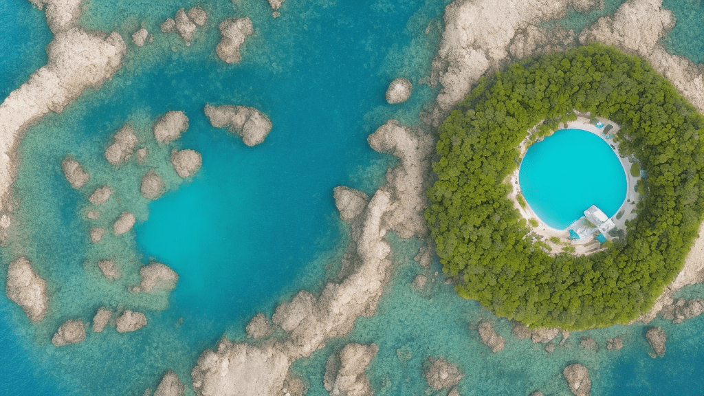 Satellite or bird's eye view high up looking down of a simple circular island. You can see the entire island. Positive, happy, sunny