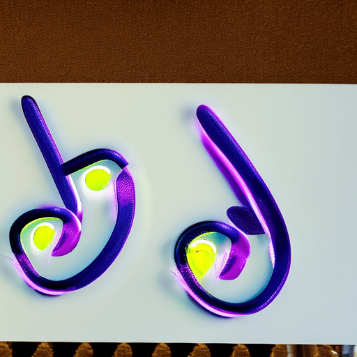Neon green and purple feathers, shaped like music notes, white background