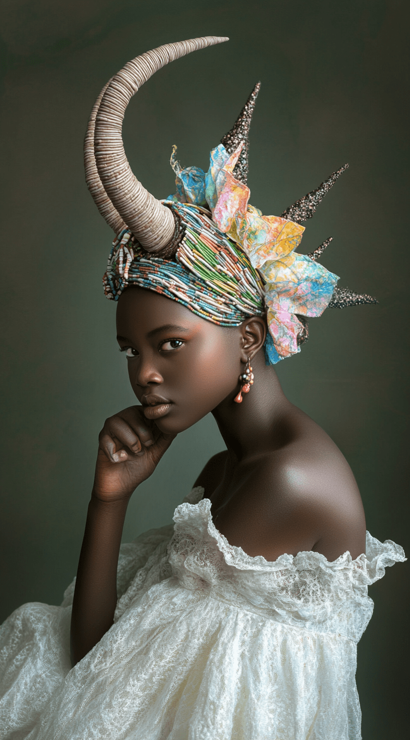 This is a highly detailed and colourful photographic portrait in the style of william-adolphe bouguereau depicting a full-body african girl. The subject wears a tribal-inspired headdress with small horns made from woven fabric and beads. She is dressed in a white gown with multi-colour accents and is posed dynamically and captivatingly. The image features soothing, vibrant colours and cinematic lighting, evoking a sense of enchantment and storytelling, reminiscent of national geographic photography. --ar 71:128