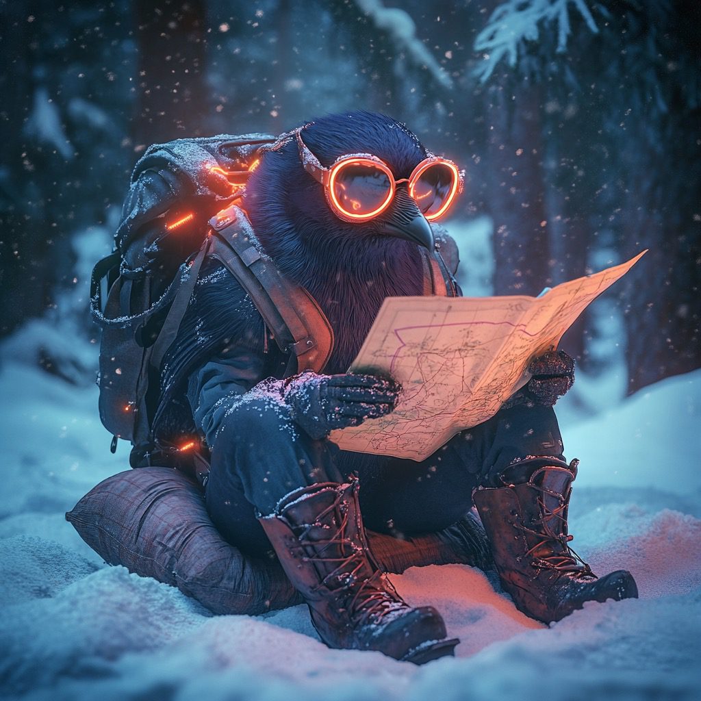 A crow wearing vintage aviator glasses on its head and cowboy boots on its feet, leaning against its backpack. It is reading a map, which it has placed on a pillow, in a snowy atmosphere with dark-toned colors, neon reflections shimmer off the crow’s feathers.