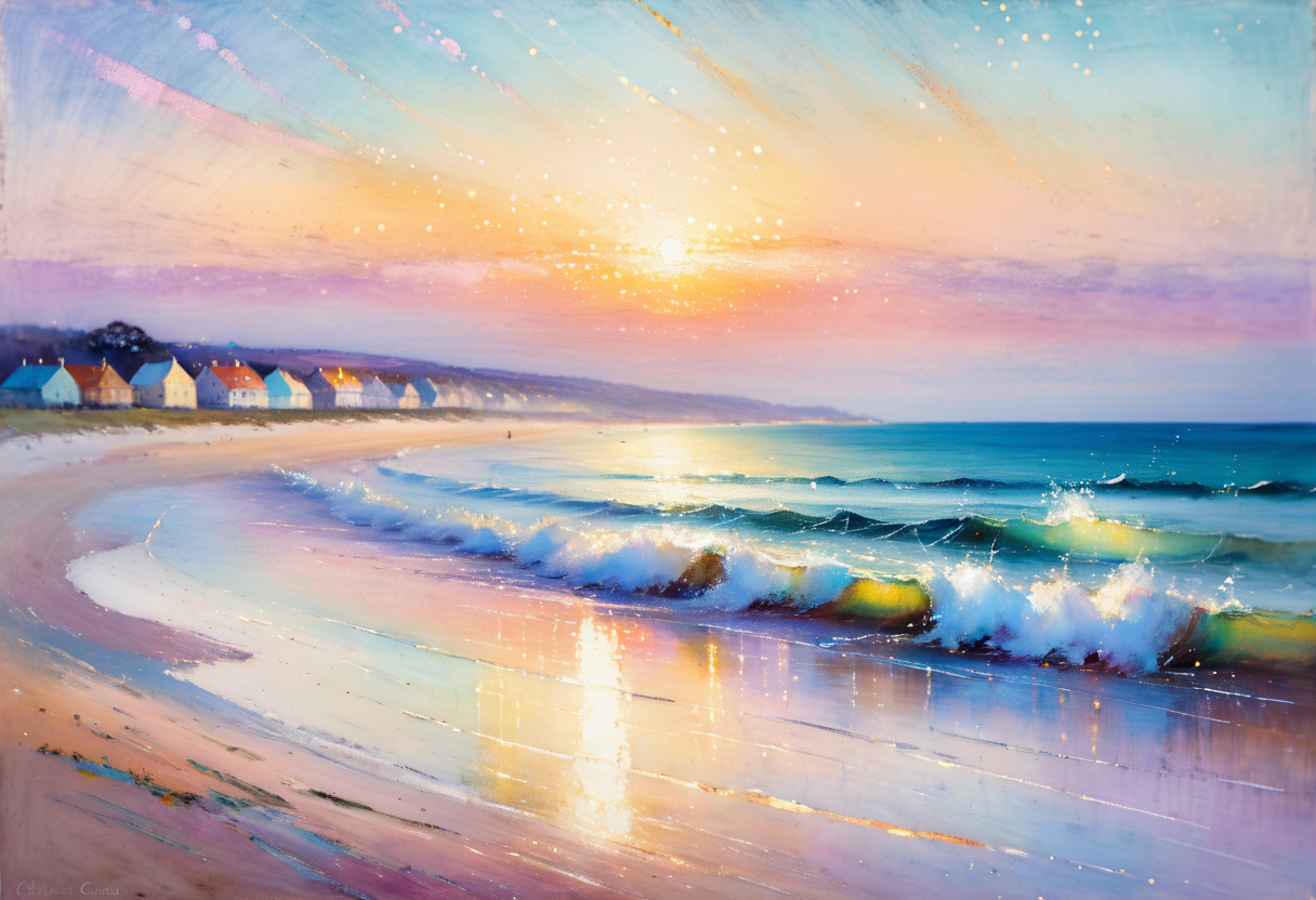 Pastels artwork, seaside scenery style of charles conder, fantastic lighting, masterpiece, high quality