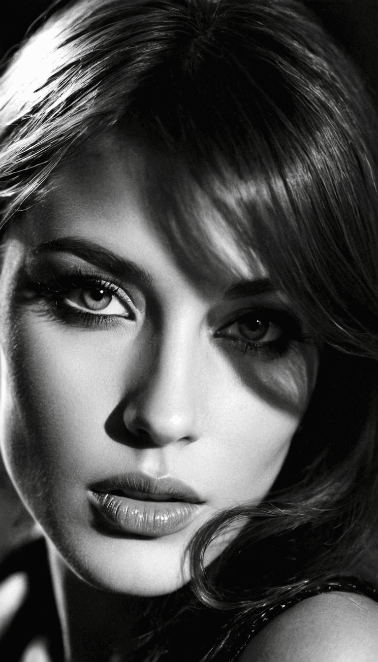 Black and white photography, fashion editorial, a close up portrait of darkhaired beautiful woman is studio lights in style alain laboile, highres, realistic photo, professional photography, cinematic angle, dynamic light back shining,