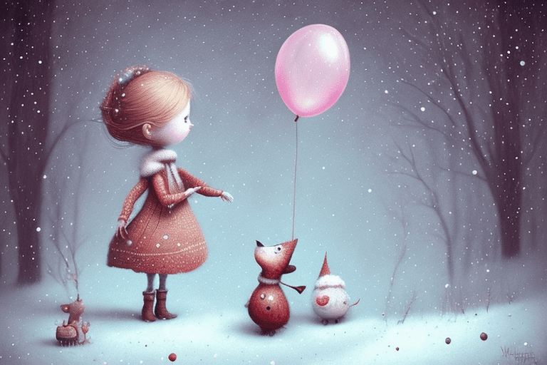 On the left side of the image a holly hobbie girl holding a balloon, wintertime in the style of gabriel pacheco