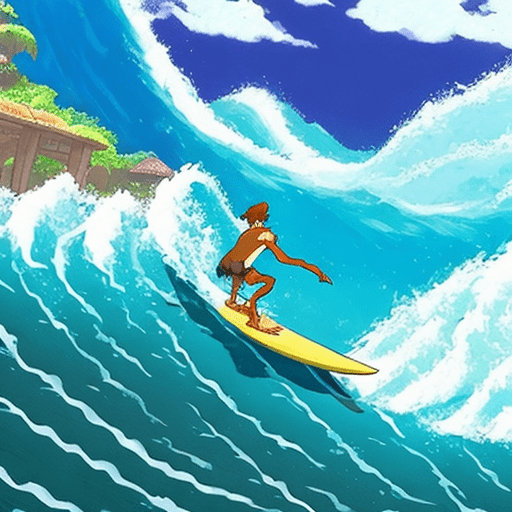 A man surfing a wave in bali, by miyazaki, nausicaa ghibli, breath of the wild --s 750 --q 2