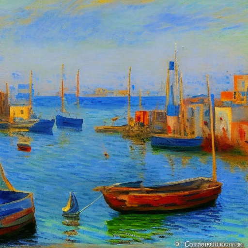 Boukaabka port, blue fishing boats a city scene, in the style of the snapshot aesthetic, claude monet, impressionism, authentic details, lively coastal landscapes --ar 1:2 --stylize 750