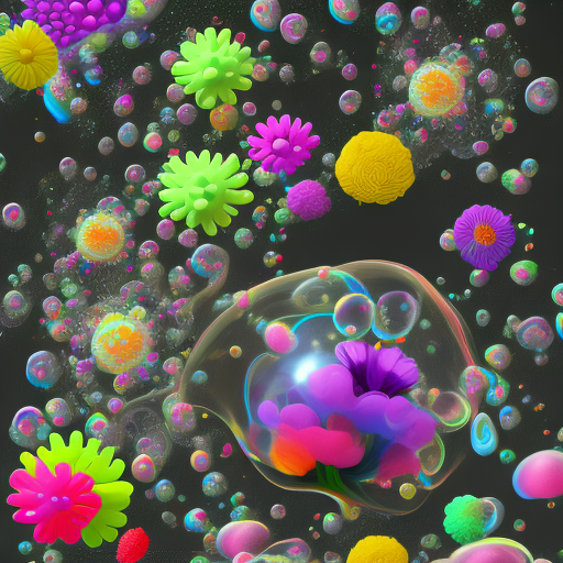 A colorful abstract floral design with flowers and bubbles floating around the brain, isolated on a black background. 3d rendered illustration in a surrealistic style, with psychedelic colors, a low-angle shot, and a perspective view. High-resolution, hyper-realistic, and hyper-detailed rendering, created using the octane render engine and v-ray. The image has a sharp focus, volumetric lighting, global illumination, volumetric shadows, and a photorealistic appearance, capturing the full body in a long-exposure effect