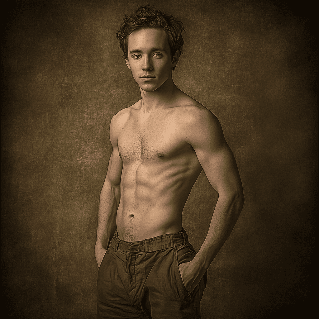 Full shot, full-length portrait, wide field of view, centered, showing entire body, award-winning cinematography, award-winning photography of an athletic, handsome caucasian football player, he has muscular arms, abs, fit, a strong jawline, short brown hair, and dark eyes. Standing, hairy chest, asymmetrical eyes, posing for the camera, showing off his legs his hands rest at attention behind him as he looks to one side, having just met someone who has caught his eye. It is nighttime --chaos 55 --v 6. 1