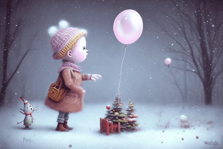 On the left side of the image a holly hobbie boy holding a balloon, facing the camera, wintertime in the style of gabriel pacheco
