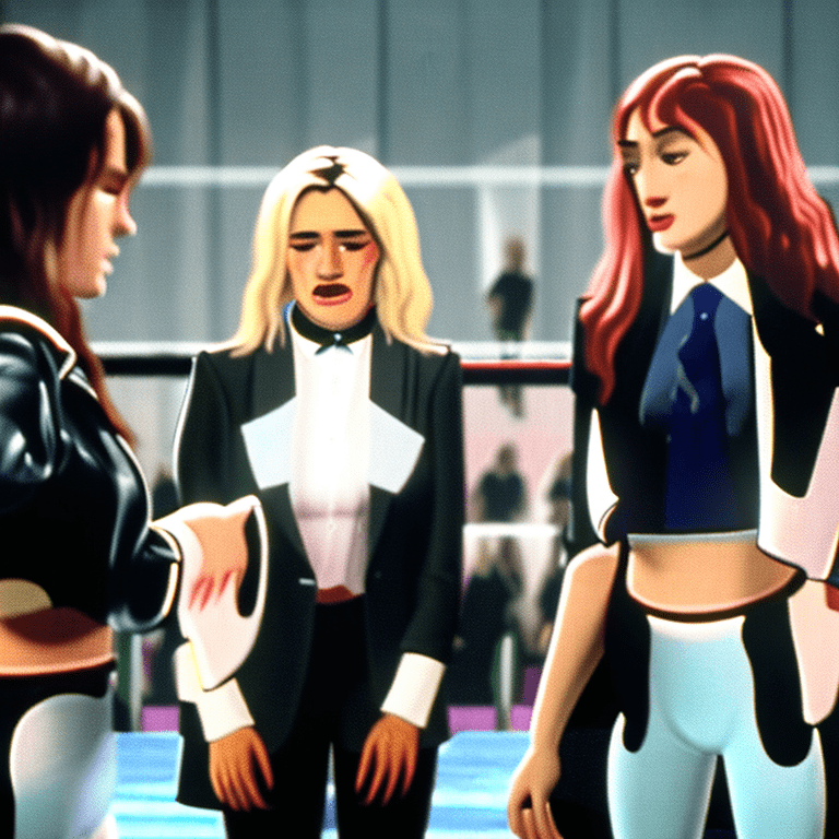 Tv still of a professional wrestling arena. A stunning college girl is interviewing a stunning college girl, both 19 years old. Both girls are wearing uncomfortable white soft collar neck braces, with stiff injured necks, holding their necks and whimpering in pain, wearing dark school blazers and embarrassing disposable diapers, standing sideways, needing to fart, holding their necks in pain. They appear nervous and concerned.