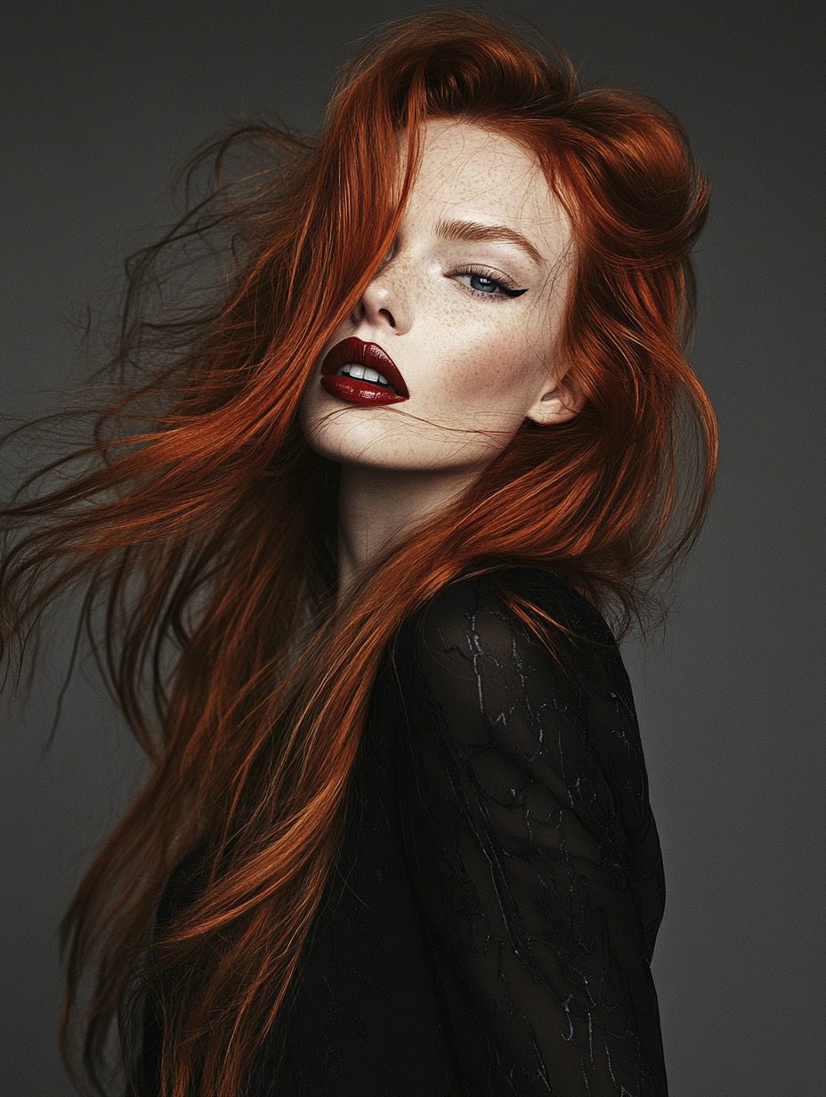 High-fashion editorial portrait of a woman with long red hair, in the style of modern fashion photography, sleek and minimalist, sharp jawline, bold makeup, chic black attire, stark gray background, striking contrast