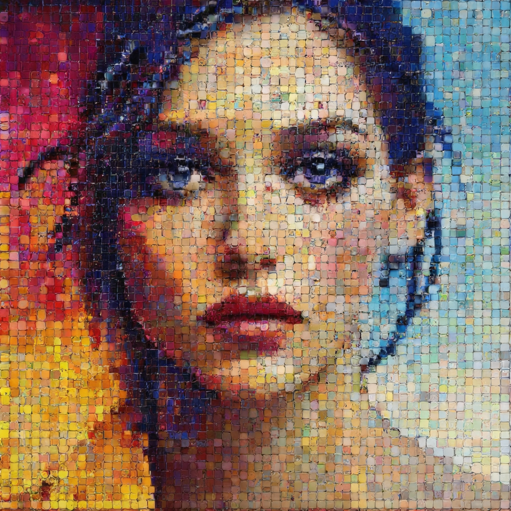 Mosaic, pixelated, tablet, create an artwork that captures the form of a fashion model face- high through a mosaic of textured, colored squares, each square contributing to the overall image while maintaining its own unique pattern and palette.