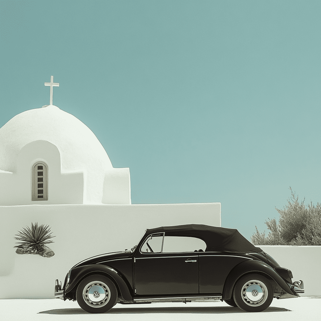 A vintage black wolkswagen golf car cabrio in front of a greek church on a very white and desserted island, analogic grain, nostalgic vibe, summer hot day, clear blue skies, travel photography