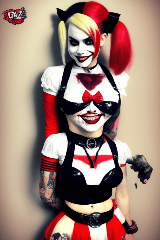 Harley quinn, con muñeco de arlequin, espeluznante, ira, sable, tatuajes (no cara) , cara limpia y bien maquillada, tauaje pecho (amo a perico) , camisa blanca abierta, id en pecho de por tu madre, (medio cuerpo) , cuerpo voluptuos, mirando al espectador, retrato, fotografía, piel detallada, realista, fotorrealista, 8k, muy detallado, fotograma completo, alto detalle raw arte en color, perforación, iluminación suave difusa, poca profundidad de campo, enfoque nítido, hiperrealismo, iluminación cinematográfica