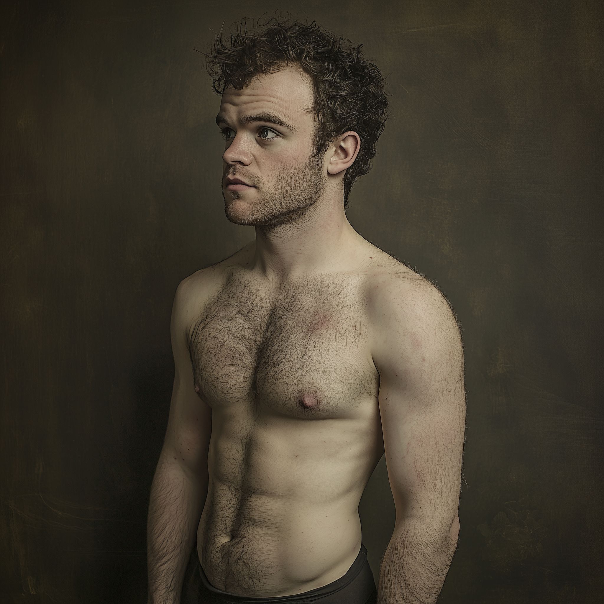 Full shot, full-length portrait, wide field of view, centered, showing entire body, award-winning cinematography, award-winning photography of an athletic, handsome caucasian football player, he has muscular arms, abs, fit, a strong jawline, short brown hair, and dark eyes. Standing, hairy chest, asymmetrical eyes, posing for the camera, showing off his legs his hands rest at attention behind him as he looks to one side, having just met someone who has caught his eye. It is nighttime --c 55 --v 6. 1